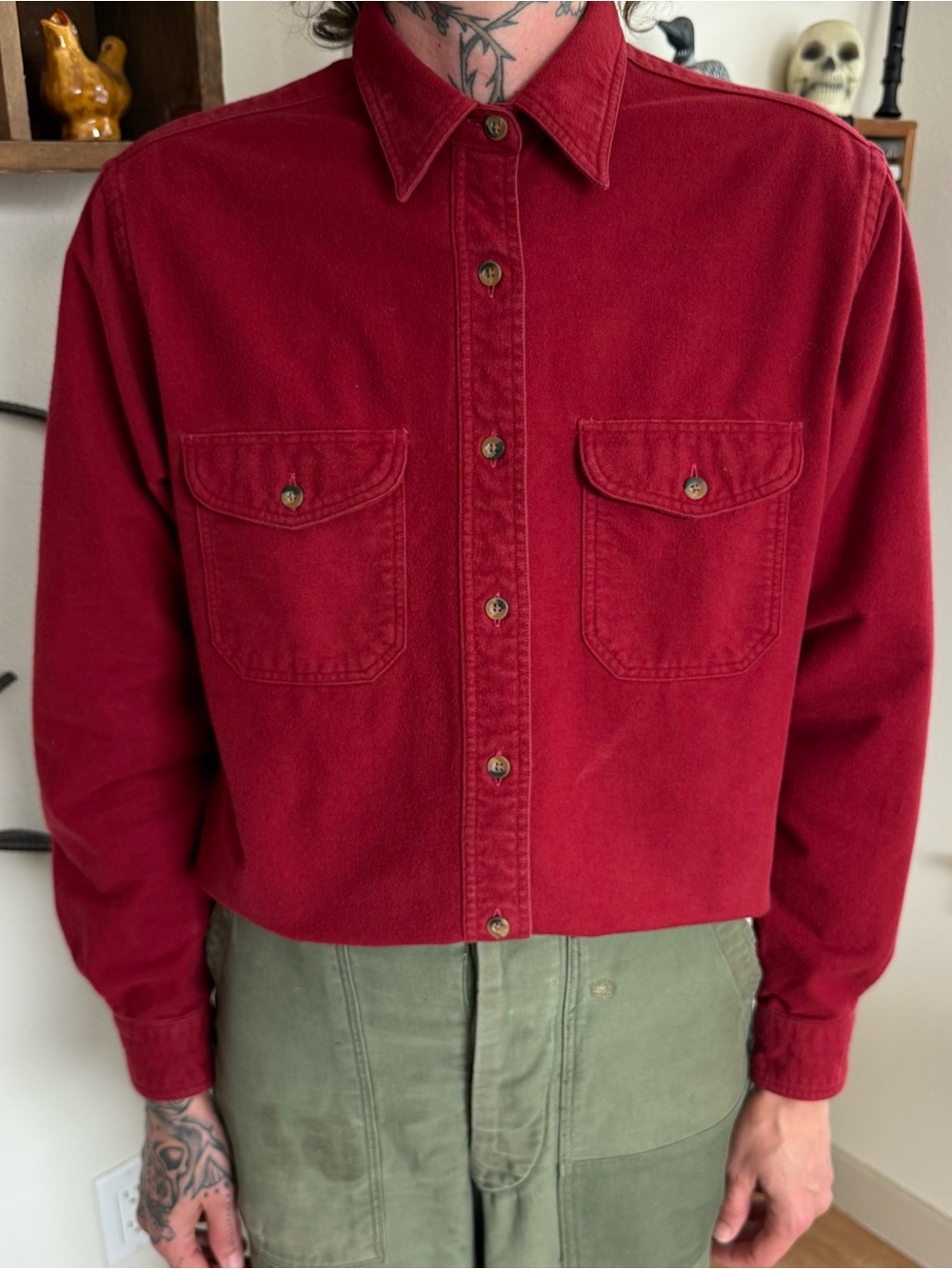 Vintage 90s Lands' End Red Chamois Cotton Button Down Flannel ~ Size Small